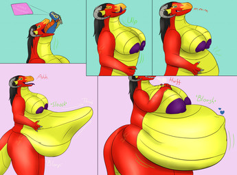4_fingers anthro big_breasts black_hair blue_body blush bodily_fluids breasts claws cum cum_inflation cum_inside feet female female_pred fingers genital_fluids grey_claws grey_horn hair heart_symbol horn inflation looking_pleasured male male_prey multicolored_body nipples non-mammal_nipples nude open_mouth oral_vore purple_nipples purple_tongue red_body simple_background solo standing tail teeth text toes tongue vore ingeir_palar mythology dragon mythological_creature mythological_scalie scalie comic english_text watermark