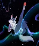 2022 anthro aurora_(phenomenon) black_eyebrows black_nose blue_body blue_fur breasts canid canine canis claws countershading detailed_background eyebrows feet female floating fluffy fluffy_tail fur genitals half-closed_eyes hi_res illumination_entertainment lanhai long_ears looking_at_viewer lying mammal multicolored_body narrowed_eyes nipples nude on_back open_mouth pawpads paws pink_nipples pink_pawpads pinup porsha_crystal pose pussy raised_leg sing_(movie) smile smiling_at_viewer soles solo star tail toes two_tone_body watermark white_body white_fur wolf yellow_eyes