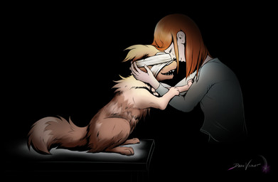 5_fingers ambiguous_gender black_background blind blindfold bodily_fluids brown_body brown_fur brown_tail clothing crying disability duo eyes_closed female feral fingers fur hair humanoid_hands larger_female larger_human light_body light_skin long_hair multicolored_body multicolored_fur multicolored_tail open_mouth orange_hair shirt simple_background sitting size_difference smaller_ambiguous smaller_feral smile standing tail tan_body tan_fur tan_tail tears teeth topwear two_tone_body two_tone_fur two_tone_tail dark_violet nintendo pokemon generation_3_pokemon human mammal pokemon_(species) zigzagoon 2020 digital_media_(artwork) signature story story_in_description