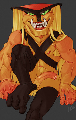 abs armpit_hair black_clothing black_markings blonde_hair body_hair clothing foreskin genitals green_eyes hair half-erect harness legwear male markings muscular muscular_arms muscular_male nipples orange_body orange_skin pecs penis pink_nipples pose pubes sharp_teeth simple_background sitting smile solo stockings teeth tusks ravuer hanna-barbera space_ghost_(series) brak alien humanoid absurd_res hi_res pinup