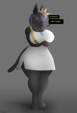 angry anthro big_breasts breasts clothing crossed_arms crown curvy_figure dialogue dress eyeshadow female footwear hair hair_over_eye headgear jewelry looking_at_viewer makeup necklace purple_hair shoes simple_background solo text thick_thighs wide_hips yellow_eyes photolol.03 in_heat_(game) nile_(in_heat) domestic_cat felid feline felis mammal absurd_res english_text hi_res