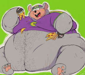 3_toes anthro backwards_baseball_cap backwards_hat baseball_cap belly belly_hair big_belly bodily_fluids body_hair chest_hair clothed clothing eating eating_food feet fingerless_gloves food food_on_body food_on_face fur gloves green_background grey_body grey_fur hairy handwear hat headgear headwear holding_food holding_object looking_at_viewer male mascot moobs morbidly_obese navel obese obese_male open_mouth overweight overweight_male pawpads pink_pawpads pizza pizza_slice purple_clothing purple_shirt purple_topwear raised_clothing raised_shirt raised_topwear shirt simple_background sitting sitting_on_ground solo stretch_marks sweat toes topwear slobhog chuck_e._cheese's_pizzeria charles_entertainment_cheese mammal mouse murid murine rodent 2025 hi_res