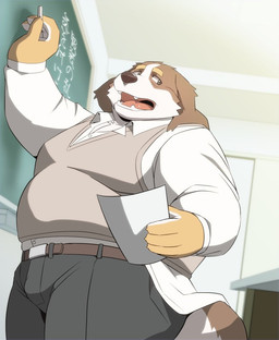 anthro belly black_nose bottomwear brown_body brown_fur classroom clothing fur humanoid_hands kemono male overweight overweight_anthro overweight_male pants school shirt solo text topwear white_body white_fur 00murice canid canine canis domestic_dog mammal 2020 japanese_text