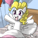 1:1 balloon bed blonde_hair digital_media_(artwork) equid equine eyelashes feathered_wings feathers female feral fur furniture hair happy hasbro inflatable john_joseco mammal mlp_g1 my_little_pony my_little_pony_'n_friends mythological_creature mythological_equine mythology open_mouth pegasus pillow pink_eyes pre-g4 shaded smile solo surprise_(pre-g4) teeth white_body white_fur wings