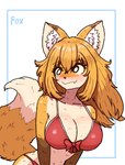 anthro big_breasts bikini blush bow_bikini breasts clothing collarbone dipstick_ears dipstick_tail ear_markings eyebrows eyelashes female fur gloves_(marking) hair inner_ear_fluff markings multicolored_ears orange_body orange_fur orange_hair red_bikini red_clothing red_swimwear solo swimwear tail tail_markings tan_body tan_fur tuft two-piece_swimsuit moo_seon canid canine fox mammal