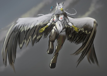 anthro beak breasts brown_body brown_fur eyes_closed feathers female flying fur hooves nipples scales sky solo solo_in_panel striped_body striped_fur stripes weretober2025 white_body white_fur wings drqube european_mythology greek_mythology mythology weretober avian hippogriff mythological_avian mythological_creature hi_res