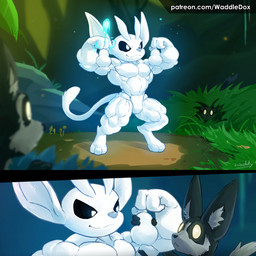 2_panel_comic 3_fingers 3_toes abs anthro biceps biped black_body black_fur black_sclera digitigrade duo feeling_muscles feet fingers flexing flexing_bicep flexing_both_biceps forest forest_background fungus fur glowing glowing_eyes grass grey_body grey_fur group hiding hiding_in_bushes leaf light male male_anthro muscular muscular_anthro muscular_arms muscular_legs muscular_male muscular_thighs mushroom navel pecs plant shrub smile solo_focus standing tail text toes touching_another tree trio white_body white_eyes white_fur waddledox microsoft ori_(series) xbox_game_studios ori_(ori) guardian_spirit moki_(species) 1:1 artist_name comic digital_media_(artwork) hi_res url