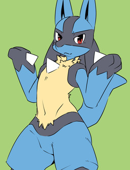 3_fingers ambiguous_anthro ambiguous_gender anthro biped black_blush black_body black_fur black_inner_ear black_markings blue_body blue_fur blue_tail blush blush_lines chest_spike closed_smile facial_markings featureless_crotch fingers fur gesture glistening glistening_eyes gloves_(marking) green_background hand_spike head_markings looking_at_viewer markings mouth_closed multicolored_body multicolored_fur navel neck_tuft nude nude_ambiguous nude_anthro pointy_ears prick_ears red_eyes shrug simple_background smile smiling_at_viewer solo spikes spikes_(anatomy) tail tuft yellow_body yellow_fur pu_sukebe nintendo pokemon canid canine generation_4_pokemon lucario mammal pokemon_(species) 2021 digital_drawing_(artwork) digital_media_(artwork) hi_res