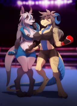 anthro areola barefoot big_breasts bottomwear boxing boxing_gloves breasts cleavage clothed clothing competition detailed_background duo erect_nipples erection feet female fighting_ring fur genitals grin gynomorph gynomorph/female hair handwear horn intersex intersex/female knot long_hair markings midriff nipple_outline nipple_slip nipples open_mouth penis piercing sexual_competition sexual_fight shorts skimpy smile sport standing tail tight_clothing white_body white_fur patto kyra_(greyshores) kangaroo macropod mammal marsupial reptile scalie digital_media_(artwork) hi_res