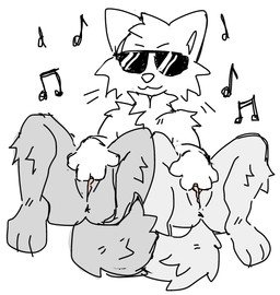 anthro anus butt clitoris eyewear female fur genitals grey_body grey_fur group humanoid_genitalia humanoid_vulva humor lying male musical_note musical_symbol on_back pink_clitoris simple_background sunglasses symbol tail trio vulva white_body white_fur rookspirit canid canine mammal hi_res meme monochrome