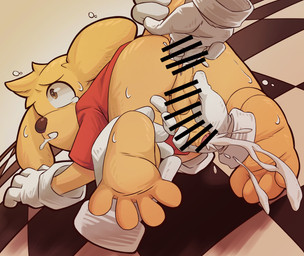 5_toes all_fours anal anal_fingering anthro balls barefoot bodily_fluids bottomless bottomless_male censored_anus censored_balls censored_genitalia censored_penis clothed clothing cum ejaculation erection feet fingering floating_hands forced foreskin genital_fluids genitals gloves handjob handwear holding_tail male partially_retracted_foreskin penile penis raised_tail red_clothing red_shirt red_topwear restrained_legs saliva sex shirt shirt_only soles tail tears toes topwear topwear_only white_clothing white_gloves white_handwear young young_anthro young_male chiyoarashi1082 glitch_productions the_amazing_digital_circus scratch_(tadc) canid canine canis domestic_dog mammal 2026 absurd_res censored hi_res