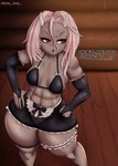 abs armwear bikini black_armwear black_bikini black_bottomwear black_clothing black_skirt black_swimwear bottom_heavy bottomwear clothing dialogue eyelashes facial_scar female front_view grey_body hair horn maid_uniform open_mouth orange_eyes pink_hair scar skirt solo swimwear text thick_thighs two-piece_swimsuit uniform white_horn wide_hips dhaldhal calamity_(terraria_mod) terraria supreme_calamitas_(terraria_mod) horned_humanoid humanoid absurd_res hi_res