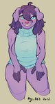 anthro blue_eyes bottomless breasts canid canine canis clothed clothing domestic_dog female flipside fur hair looking_at_viewer mammal purple_body purple_fur solo