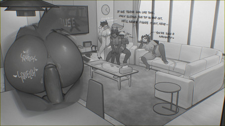 anthro anus areola big_butt biped breasts butt chair_position cloven_hooves detailed_background dialogue electronics female female_penetrated fingering fingering_self from_behind_position furniture genitals group holding_object holding_phone hooves male male/female male_penetrating masturbation nipples outside penetration penile penile_penetration penis phone sex sofa tail taking_picture text vaginal vaginal_fingering vaginal_penetration voyeur vulva sincrescent hush_(demivo) zock bovid canid canine caprine mammal rodent 16:9 english_text hi_res widescreen