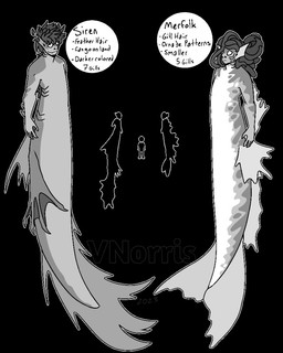 ambiguous_gender duo split_form text puppetmaster13uwu aquatic humanoid merfolk siren english_text greyscale monochrome