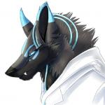 ambiguous_gender anthro black_nose blue_eyes clothed clothing fangs looking_up no_sclera side_view simple_background snout solo stripes teeth white_background unknown_artist rchetype canid canine canis mammal techno wolf 1:1 bust_portrait low_res portrait