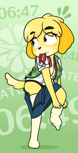 blush blush_stickers bottomwear bottomwear_down bow_tie clothed clothing dressing dressing_up eyelashes female frantic fur legwear long_eyelashes no_bra open_clothing open_shirt open_topwear panicking panties putting_on_clothes red_bow_tie shirt skirt_down stockings topwear underwear untied_bow_tie yellow_body yellow_fur dm29 animal_crossing nintendo isabelle_(animal_crossing) canid canine canis domestic_dog mammal shih_tzu toy_dog hi_res