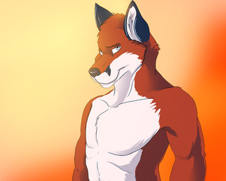 anthro black_ears black_nose blue_eyes fur gradient_background inner_ear_fluff looking_at_viewer male male_anthro mouth_closed nude orange_body orange_fur simple_background solo tuft white_body white_fur white_inner_ear_fluff solaxe_(artist) kyubi_(kyubipf) canid canine fox mammal bust_portrait portrait