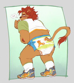 abdl ageplay anthro arm_tuft black_nose blush bodily_fluids clothed clothing crop_top crouching curved_tail cute_fangs diaper elbow_tuft embarrassed eyebrows fangs feces feces_bulge footwear fur gradient_background grey_clothing grey_footwear grey_shoes grey_sneakers grunting infantilism inner_ear_fluff looking_back male mane multicolored_clothing multicolored_shirt multicolored_topwear nervous nervous_sweat pantsless pattern_diaper pooping print_diaper pull-ups_(diaper) raised_tail red_mane roleplay shirt shoes simple_background sneakers socks soiled_diaper soiling soiling_diaper solo speech_bubble squatting_pose sweat sweatdrop tail tail_tuft tan_body tan_fur teeth thick_eyebrows topwear tuft unclean_diaper used_diaper using_diaper wavy_mouth white_clothing white_footwear white_socks slusheep disney huggies the_lion_guard the_lion_king alder_(shanghaiohmy) kion_(the_lion_guard) felid lion mammal pantherine 2026 absurd_res colored digital_drawing_(artwork) digital_media_(artwork) hi_res