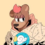 anthro black_eyes black_nose brown_body brown_fur clothing cloud eyebrows fur hair half-closed_eyes jacket looking_away male narrowed_eyes neck_tuft pink_hair raised_eyebrows simple_background solo tan_clothing tan_jacket tan_topwear topwear tuft yellow_background ccaimeo motfal_(character) bear mammal 2020 hi_res portrait