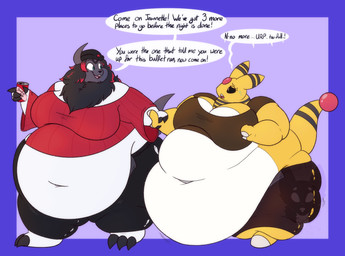 anthro barefoot belly beverage beverage_can big_belly biped black_bottomwear black_clothing black_hair black_mane black_pants bottomwear brown_clothing brown_shirt brown_topwear clothed clothed_anthro clothed_female clothing countershade_torso countershading deep_navel duo feet female female_anthro fur hair holding_beverage holding_object huge_belly huge_thighs mane morbidly_obese morbidly_obese_anthro morbidly_obese_female navel obese obese_anthro obese_female open_bottomwear open_clothing open_pants overweight overweight_anthro overweight_female pants red_clothing red_sweater red_topwear shirt sweater tail text thick_thighs topwear unbuttoned weight_gain white_body white_countershading white_fur wide_hipped_anthro wide_hipped_female wide_hips wrist_grab yellow_body yellow_ears yellow_tail strawberrymilkdog nintendo pokemon jeannette_(thatoneaceguy) zoya_ibiza absol ampharos generation_2_pokemon generation_3_pokemon pokemon_(species) english_text hi_res
