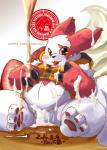 anthro belly biped blush fur kemono markings overweight overweight_anthro red_markings sitting solo white_body white_fur inuiookawa nintendo pokemon zangoose_day generation_3_pokemon pokemon_(species) zangoose 2016 hi_res