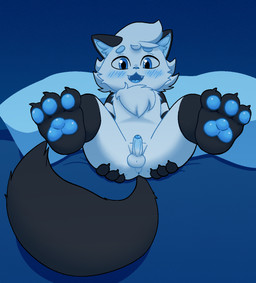 anthro anus bed blush butt furniture genitals male pawpads paws penis solo spread_butt spread_legs spreading young young_male milowo felid feline mammal hi_res