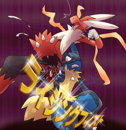 anal anthro black_body black_fur blue_body blue_fur blush bodily_fluids cum duo fisting fur genital_fluids male penetration red_body red_fur sweat text yellow_body yellow_fur kurohane_karasu nintendo pokemon avian bird canid canine generation_6_pokemon mammal mega_blaziken mega_evolution mega_lucario pokemon_(species) japanese_text translated