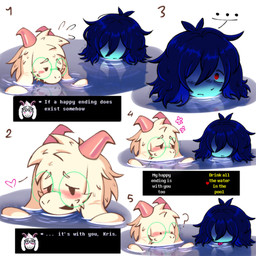 ambiguous_gender anthro bathing bathing_together blue_hair blush duo embarrassed eyewear fur glasses hair horn male mostly_submerged text water white_body white_fur sieiq_brainrot deltarune undertale_(series) kris_dreemurr ralsei bovid caprine goat human mammal 1:1 absurd_res english_text hi_res