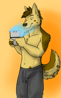 anthro bottomwear brown_body brown_fur brown_tail clothed clothing facial_spots front_view fur glistening glistening_eyes grey_bottomwear grey_clothing grey_pants holding_nintendo_ds male male_anthro markings mouth_closed pants slim_anthro slim_male solo spots spotted_face spotted_markings spotted_tail standing tail tail_markings tan_body tan_fur tan_tail topless yellow_eyes hufnaar nintendo nintendo_ds nintendo_ds_family reirun canid canine canis domestic_dog german_shepherd herding_dog mammal pastoral_dog 5:8 hi_res portrait three-quarter_portrait