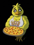 anthro apron beak big_breasts breasts cleavage clothed clothing female food looking_at_viewer machine non-mammal_breasts pizza purple_eyes slightly_chubby solo text timoteihiv five_nights_at_freddy's scottgames chica_(fnaf) animatronic avian bird chicken galliform gallus_(genus) phasianid robot english_text