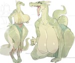 all_fours anthro big_breasts bottomwear breasts claws cleavage clothed clothing female glistening glistening_body green_body hanging_breasts horn huge_breasts loincloth long_tail mostly_nude nipples open_mouth sagging_breasts simple_background solo standing tail thick_thighs tongue white_background wide_hips reptilian_orbit mythology waverly_(cowhour) dragon mythological_creature mythological_scalie scalie 2024 sketch