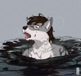 anthro brown_hair eyewear fur glasses grey_background grey_body grey_fur hair male messy open_mouth simple_background sinking solo sticky tar tar_pit tongue wam wearing_glasses white_body white_fur severeni canid canine canis mammal wolf hi_res