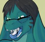 ambiguous_gender anthro black_hair blue_body blue_tongue bodily_fluids body_in_mouth duo extreme_size_difference eyewear glasses green_eyes hair imminent_vore male saliva simple_background size_difference soft_vore stripes teal_body teal_skin teeth tongue tongue_out vore futonmania mythology eric_the_dragon gale_(galefierre) dragon monster mythological_creature mythological_scalie scalie digital_media_(artwork) hi_res