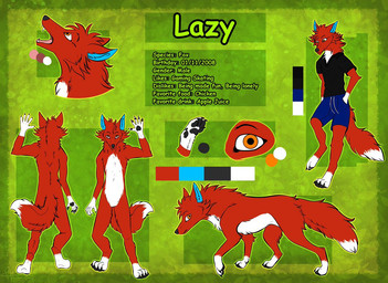 5_fingers all_fours anthro black_clothing black_pawpads black_shirt black_topwear blue_bottomwear blue_clothing blue_inner_ear blue_shorts bottomwear clothing countershade_torso countershading dipstick_tail fingerpads fingers fur green_background green_text lazy male markings pawpads red_body red_fur red_tail shirt shorts simple_background solo standing tail tail_markings text topwear white_body white_fur white_tail_tip luciajalf canid canine fox mammal comic_sans model_sheet