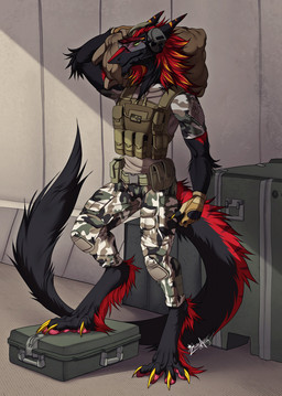 anthro armor athletic black_body black_fur body_armor bottomwear bulletproof_vest camo camo_bottomwear camo_clothing camo_pants camo_print camo_shirt camo_topwear carrying_another carrying_bag claws clothed clothing digitigrade electronics feet finger_claws fingerless_gloves fingers fur gloves golden_claws green_eyes hair handwear headgear headphones headset headset_microphone holding_object male msa_sordin pants pattern_bottomwear pattern_clothing pattern_pants pattern_shirt pattern_topwear red_body red_fur red_hair shirt shoulder_carry solo standing standing_on_box standing_on_object tail tail_tuft toe_claws toes toned_male toned_muscles topwear tuft hazakyaracely razor_(zephyr_the_sergal) sergal 2022 digital_media_(artwork) hi_res