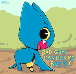 all_fours amputee angry anthro bat_wings blue_body butt cute_fangs dialogue disability exclamation_point fangs female kiss_my_ass leaning leaning_forward looking_back membrane_(anatomy) membranous_wings missing_leg monobutt mooning pegleg plant presenting presenting_hindquarters shrub teeth text tongue wings yellow_sclera young young_anthro young_female pedrohspacewolfy cartoon_network mao_mao:_heroes_of_pure_heart adorabat bat mammal 2025 artist_name dated english_text