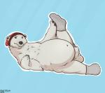 anthro balls beanie belly clothing erection footwear foreskin fur genitals hat headgear headwear legwear looking_at_viewer lying male mostly_nude overweight overweight_anthro overweight_male penis simple_background slightly_chubby socks solo thick_thighs austrum bear mammal polar_bear ursine 2019 digital_media_(artwork) hi_res