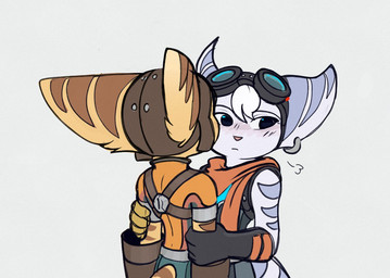 anthro blush clothed clothed_female clothed_male clothing cybernetic_arm cybernetic_limb duo ear_piercing ear_ring eyewear eyewear_on_head female fur goggles goggles_on_head hair male male/female markings piercing pink_nose ring_(marking) ring_piercing ringed_tail striped_body striped_fur striped_markings striped_tail stripes tail tail_markings white_body white_fur white_hair yellow_body yellow_fur time_fluffy500 ratchet_and_clank sony_corporation sony_interactive_entertainment ratchet_(ratchet_and_clank) rivet_(ratchet_and_clank) lombax mammal