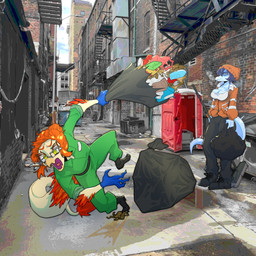 5_fingers alley anthro bag banana_peel beanie big_breasts black_boots black_bottomwear black_clothing black_footwear black_pants blue_body blue_clothing blue_eyes blue_gloves blue_hair blue_handwear blue_scales boots bottomwear breasts broom cigarette cigarette_in_mouth claws cleaning_tool cleavage clothed clothing duo elbow_feathers eyelashes eyewear feathered_tail feathers female finger_claws fingers footwear glasses gloves green_jumpsuit hair hair_bun handwear hat headgear headwear jacket jumpsuit long_tail mature_anthro mature_female object_in_mouth orange_beanie orange_body orange_clothing orange_feathers orange_hair orange_hat orange_headwear orange_jacket orange_topwear pants photo_background rectangular_glasses scales shoes short_hair spiked_tail spikes spikes_(anatomy) tail tan_body tan_scales topwear trash trash_bag yellow_eyes sahara_congo_bongo cavemanon_studios snoot_game kaitlyn_(snoot_game) nova_(snoot_game) baryonyx dinosaur dromaeosaurid feathered_dinosaur feathered_scalie microraptor prehistoric_species reptile saurischian scalie spinosaurid theropod 1:1 2025 digital_drawing_(artwork) digital_media_(artwork) hi_res photography_(artwork)