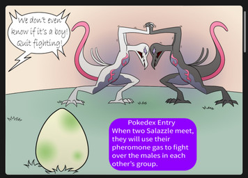 ambiguous_gender anthro dialogue duo egg fight grass group plant pokemon_egg speech_bubble text chatstories nintendo pokemon generation_7_pokemon pokemon_(species) salazzle shiny_pokemon english_text
