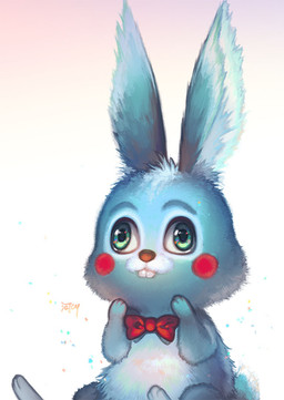 ambiguous_gender blue_body blue_fur bow_tie buckteeth derp_eyes eyebrows feral feralized fluffy fur green_eyes head_tuft inner_ear_fluff red_cheeks sitting solo teeth tuft white_body white_fur kawacy five_nights_at_freddy's five_nights_at_freddy's_2 scottgames toy_bonnie_(fnaf) lagomorph leporid mammal rabbit 2015