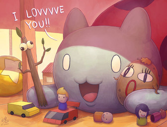 ambiguous_gender ball dialogue doll grey_body holding_object holding_potato holding_stick open_mouth smile solo stick text tongue toy_car ry-spirit bravest_warriors cartoon_hangover catbug arthropod beetle cucujoid domestic_cat felid feline felis hybrid insect ladybug mammal 2013 digital_media_(artwork) english_text