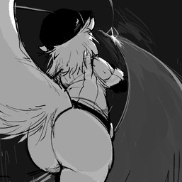 anthro big_butt butt clothing female fur hair hat headgear headwear solo scrambledeve off_(game) samantha_(bateryne) mammal mephitid skunk hi_res monochrome