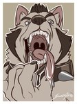 anthro black_hair bodily_fluids border fur hair male open_mouth paws saliva simple_background solo teeth tongue tongue_out uvula white_border solidasp langdon_marston canid canine canis domestic_dog husky mammal nordic_sled_dog spitz