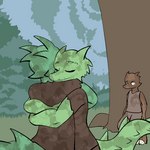 1:1 2014 anthro brown_body brown_skin clothed clothing digital_media_(artwork) dirty embrace female fen_(lagotrope) grass green_body green_skin group horn hug kobold lagotrope lizard male outline plant pupils reptile scalie shirt slit_pupils standing story story_at_source story_in_description tgchan topwear tree trio white_eyes
