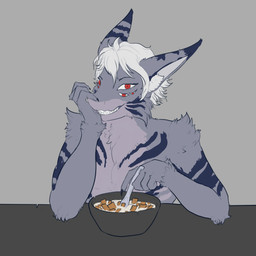 anthro black_markings bowl cereal_bowl container cutlery fur grey_body grey_fur grin holding_spoon inner_ear_fluff kitchen_utensils looking_at_viewer male markings nails nude sharp_nails sharp_teeth smile solo spoon teeth tools tuft katsumodokat ambiguous_species mammal 1:1 2025 absurd_res hi_res