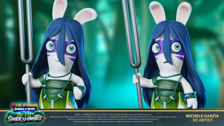 anthro armband bangs blue_eyes blue_hair bodypaint bracelet buckteeth closed_smile clothing copyright_symbol dress face_paint female female_anthro flat_chested frown fur green_armband green_bracelet green_clothing green_dress hair hand_on_hip hand_on_own_hip hand_pawpads holding_object holding_tuning_fork jewelry leaf_dress light long_ears mitten_hands mouth_closed necklace noseless open_frown open_mouth pawpads smile smiling_at_viewer solo symbol tan_inner_ear tan_pawpads teeth text text_box title tuning_fork white_body white_fur year michele_garzia mario_bros mario_plus_rabbids_sparks_of_hope nintendo raving_rabbids rayman_(series) ubisoft allegra_(mario_plus_rabbids) lagomorph mammal rabbid 2023 3d_(artwork) absurd_res artist_name autodesk_maya_(artwork) colored crossover digital_media_(artwork) english_description english_text hi_res lighting marmoset_toolbag_(artwork) official_art shaded substance_painter_(artwork)