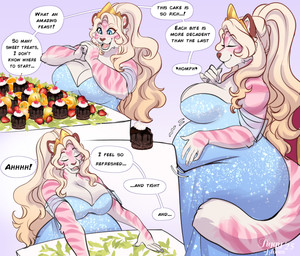 anthro belly belly_inflation big_belly big_breasts blonde_hair blue_clothing blue_dress blue_eyes breasts cake closed_smile clothed clothing crown dessert dress eating eyes_closed feet female fingers food front_view fruit fur hair headgear huge_breasts inflation long_hair markings mouth_closed multicolored_body multicolored_fur orange_(fruit) overweight overweight_anthro overweight_female pink_body pink_fur plant side_view simple_background sitting smile solo speech_bubble strawberry striped_arms striped_body striped_fur striped_markings striped_tail stripes tail tail_markings teeth text tiara toes tongue weight_gain white_body white_fur tiggybloom marzipan_(tiggybloom) felid mammal pantherine tiger 2025 artist_name dated english_text hi_res