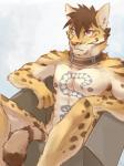 anthro athletic athletic_anthro athletic_male box brown_body brown_fur brown_hair brown_spots collar container countershading frown fur hair in_box in_container looking_at_viewer male markings multicolored_body multicolored_fur nipples nude pink_nose red_eyes solo spots spotted_body spotted_fur tan_body tan_fur tattoo white_body white_fur pngx_(artist) nekojishi studio_klondike likulau clouded_leopard felid mammal pantherine 2017 3:4 hi_res